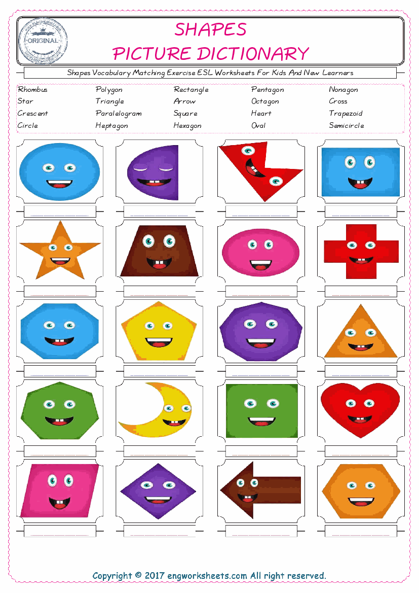  Shapes for Kids ESL Word Matching English Exercise Worksheet. 